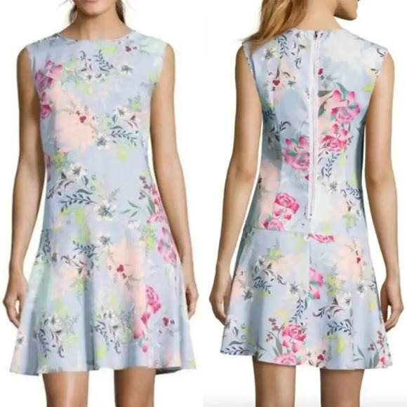 Nicole Miller Light Blue Floral Sleeveless Swing Drop Waist Dress Size 6 - Picture 1 of 12